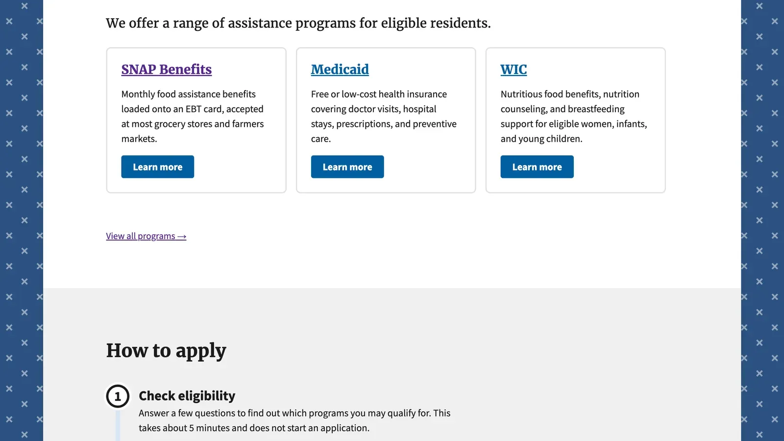 Services listing page showing SNAP Benefits, Medicaid, and WIC program cards with a "How to apply" step-by-step section