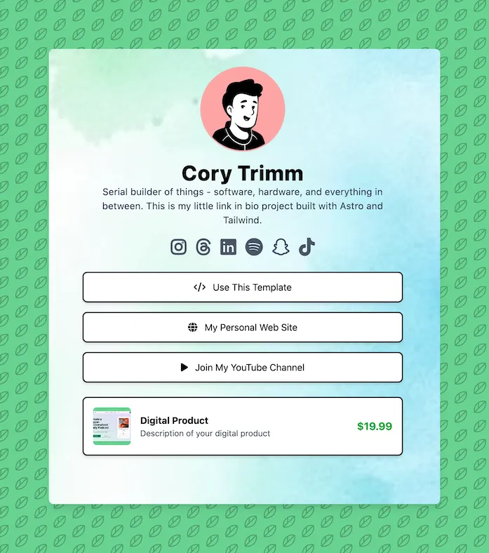 Screenshot of the Link In Bio Astro Theme