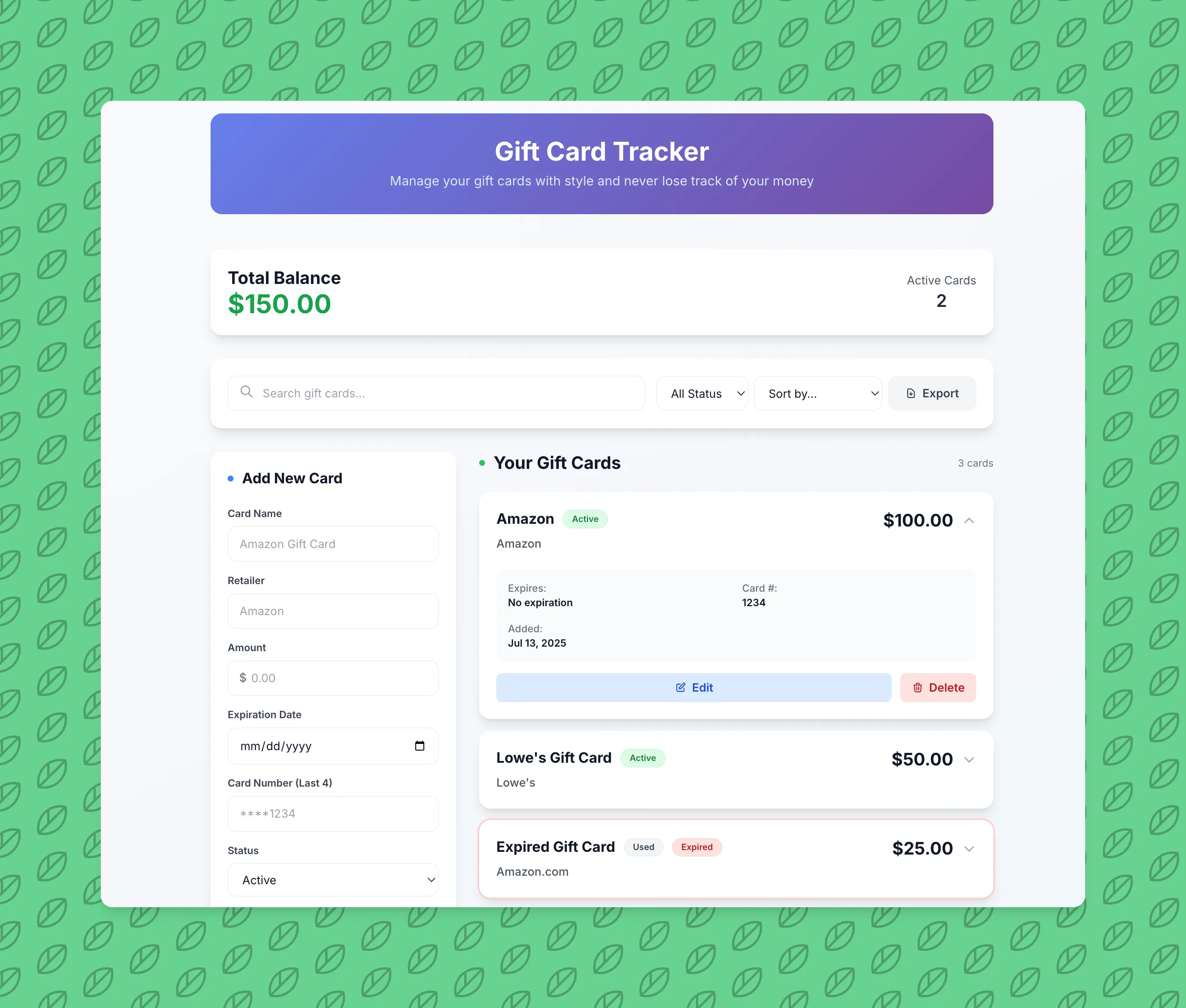 A Screenshot of the Gift Cards tracker app